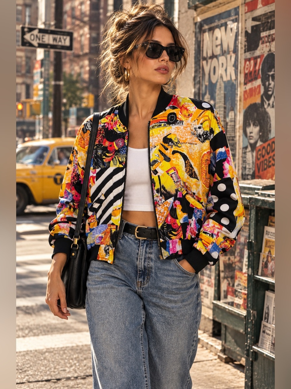 Unique Vintage Retro Style Print Bomber Jacket
